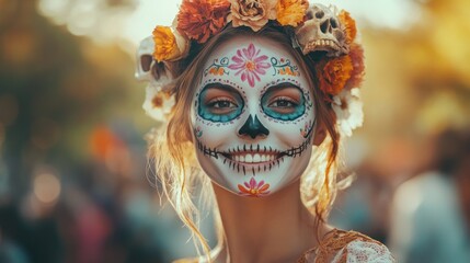 Wall Mural - A woman dressed for a festive occasion, featuring sugar skull makeup and flowers in her hair