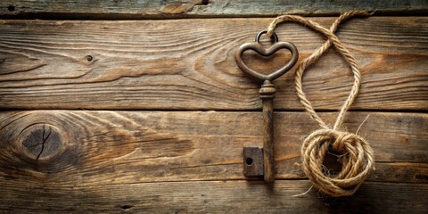 Poster - An aged heart-shaped key rests on a wooden surface with rustic twine