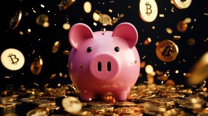 Save money, financial planning of personal finances and being thrifty concept theme with a pink piggy bank sitting on a pile of bronze and silver colored coins isolated on white background