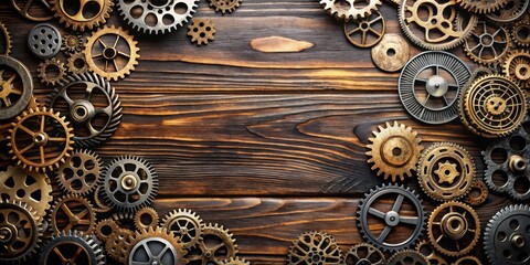 Leinwandbilder - Antique Cogwheels on a Wooden Background, a Classic Industrial Design Element