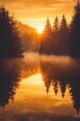 Wall Mural - a serene scene of the sun setting over a lake surrounded by trees, great for use in outdoor or natur