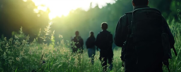 Canvas Print - Group of people walking through a lush green field under a bright sunset.