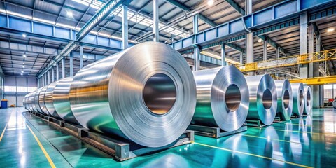 Poster - Rows of Shiny Metal Coils in a Large Industrial Warehouse