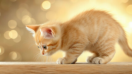 A ginger kitten exploring its surroundings on a wooden surface, eyes wide in curiosity. The soft lighting highlights its fluffy fur and delicate whiskers, capturing its playful innocence.