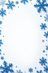 Wall Mural - blue snowflakes arranged in a frame shape on a clean white background, winter-themed frame for holid