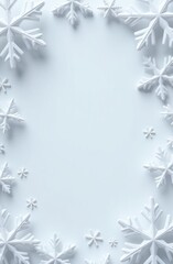 Wall Mural - white snowflakes forming a decorative border on a clean white background, winter-themed illustration