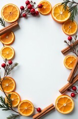 Wall Mural - vertical illustration of a christmas frame with oranges, red berries, and leaves on light background