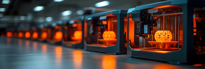 Leinwandbilder - A row of 3D printers in an industrial manufacturing facility,showcasing the advanced technological process of creating customized prototypes,models.