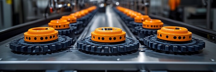 Poster - Advanced industrial conveyor system with precise metallic gears and machinery in a modern factory setting.