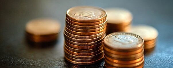 Stack of coins on a table. Money and business concept. 
Background, banner, wallpaper.