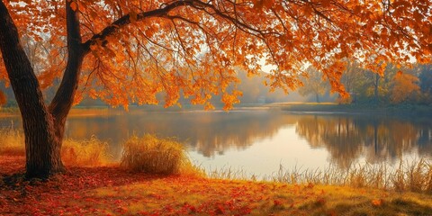 Wall Mural - The tranquil scene captures an orange-leaved tree by a lake, with reflections creating a calm, serene atmosphere.