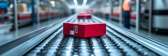 Poster - Automated logistics warehouse with rapidly moving cargo conveyor belt transporting red packages or boxes,representing efficient distribution and supply chain management.