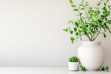 Sticker - An artistic display of vibrant green leaves in a large ceramic vase alongside a petite succulent, all set against a clean white backdrop for a fresh, modern aesthetic