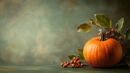 Canvas Print - Autumn themed background with pumpkin and olive green backdrop suitable for holiday celebrations