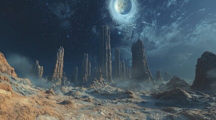 Wall Mural - the surface of an alien planet, with towering rock formations and strange skies