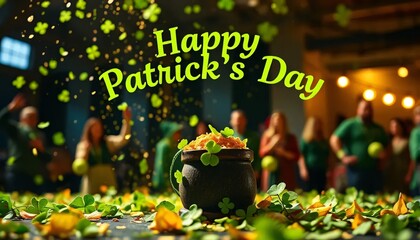 St. Patrick's Day holiday scene with clover leaves and gold pots on a lush green background