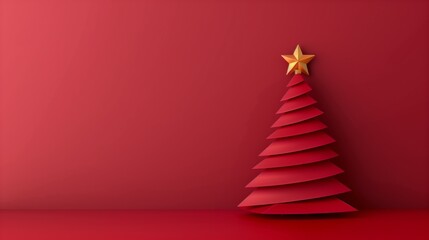 A minimalistic red Christmas tree with a golden star on top, set against a monochrome red background.