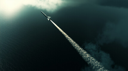 Aerial view of a missile launch from a warship towards a distant target, showcasing the power and precision of military strikes in a dark sky and ocean setting.