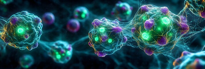 Leinwandbilder - Digitally rendered image showcasing a captivating microscopic view of vibrant,glowing spherical structures that represent the intricate and complex nature of molecular and cellular biology.