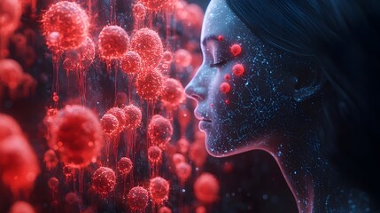 Aufkleber - Dramatic digital depicting a microscopic viral outbreak in a futuristic,ominous setting. The image showcases a surreal.