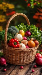 An assortment of fresh vegetables fills a rustic basket, capturing the essence of a bountiful harvest surrounded by the natural beauty of a wooden landscape.