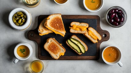 Wall Mural - grilled cheese charcuterie board flat lay aesthetic setup for ads background