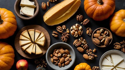 Wall Mural - fall harvest charcuterie board flat lay aesthetic setup for ads background