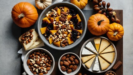 fall harvest charcuterie board flat lay aesthetic setup for ads background