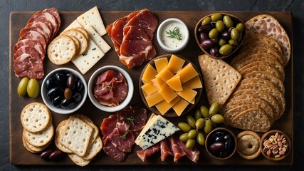 Wall Mural - classic charcuterie board flat lay aesthetic setup for ads background