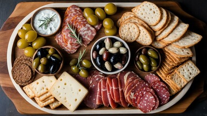 Wall Mural - classic charcuterie board flat lay aesthetic setup for ads background