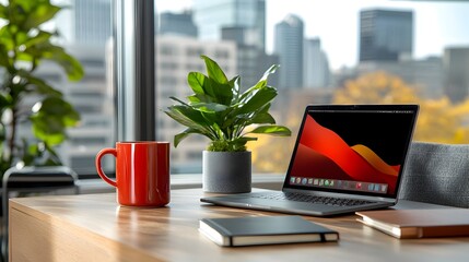 Aufkleber - Stylish and cozy home office setting with a laptop notebook and coffee mug ready for the next productive work session or project task