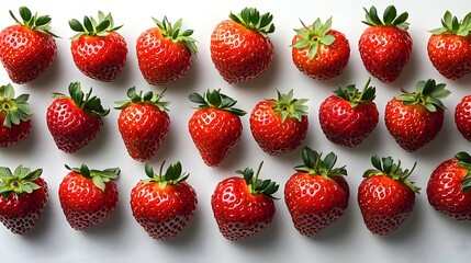 Poster - Fresh,ripe,and juicy red organic strawberries in a flat lay arrangement on a plain white background. High macro shot of the sweet,healthy berries with vivid color and natural textures.