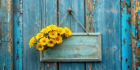 A rustic wooden sign with a weathered blue finish, adorned with a vibrant bouquet of yellow flowers, hangs from a twine cord against a backdrop of aged blue wooden planks.