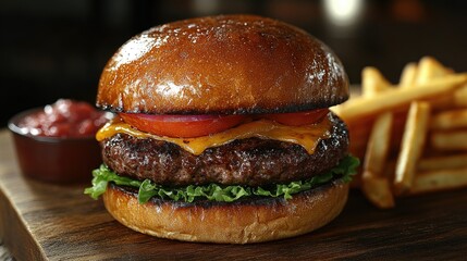 Wall Mural - A classic burger with a juicy beef patty, melted cheese, lettuce, tomato, and pickles, served on a wooden board with a side of fries