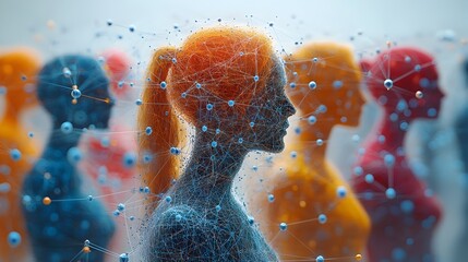 Poster - Futuristic digital depicting the concept of AI-powered control over human avatars through an interconnected neural network system.