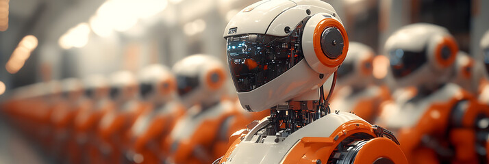 Aufkleber - Futuristic orange robot in a row of advanced mechanical machines on an industrial background. Technological innovation,automation,and digitalization in modern manufacturing and engineering.