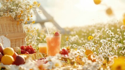 Canvas Print - A basket full of fruit and a glass of juice