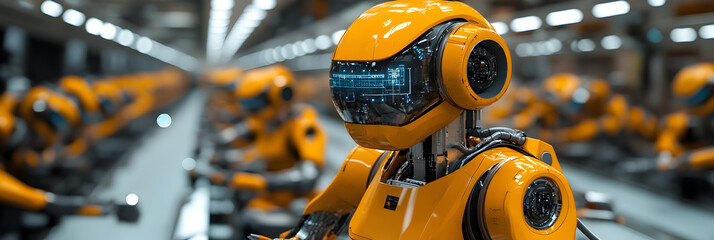 Aufkleber - Futuristic orange robotic arm with advanced and sensor system in a high-tech automated industrial factory or warehouse setting,monitoring and processing production equipment and processes.