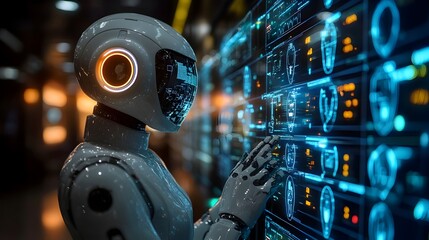 Poster - Futuristic robotic figure closely observing and analyzing complex digital data and information displayed on an advanced,high-tech interface or control panel.