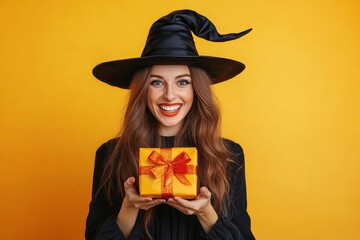 Wall Mural - Close-up portrait of cheerful lady wizard holding on palms copy space gift present surprise isolated on bright vivid shine vibrant yellow with generative ai