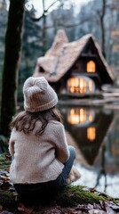 Canvas Print - A little girl sitting on a log looking at a house