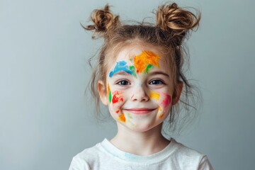 Canvas Print - Cute funny child with paint on face smiling against grey studio wall background background. Helloween on birthday party with animators concept with generative ai