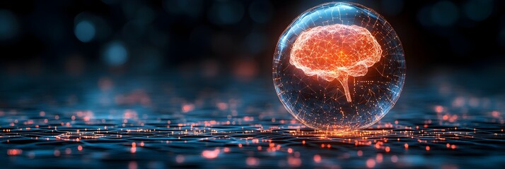 Leinwandbilder - Glowing digital brain sphere with futuristic neural network connections,representing intelligence,technology,data processing,and the future of innovation and scientific research.