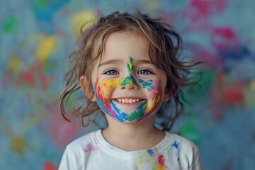 Canvas Print - Cute funny child with paint on face smiling against grey studio wall background background. Helloween on birthday party with animators concept with generative ai