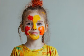 Canvas Print - Cute funny child with paint on face smiling against grey studio wall background background. Helloween on birthday party with animators concept with generative ai