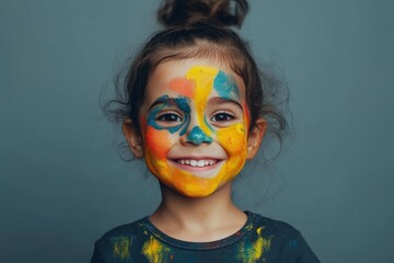 Canvas Print - Cute funny child with paint on face smiling against grey studio wall background background. Helloween on birthday party with animators concept with generative ai