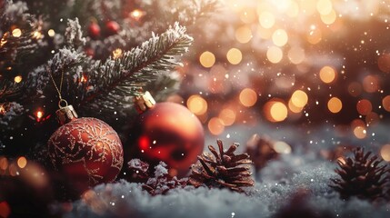 Close-up of Christmas ornaments on snow with pinecones and warm bokeh