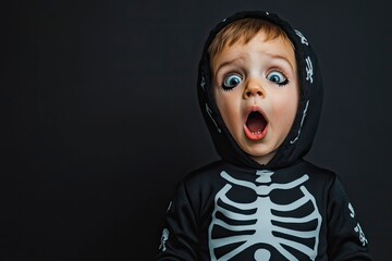 Cute little halloween boy with toy eyes looking up and open mouth with shocked and delight copy space wearing Halloween costume skeleton on dark background with space for text. with generative ai