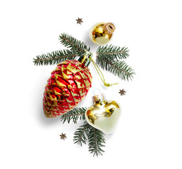 Wall Mural - art christmas composition on a transparent background with fir branches, toys, real transparent neut