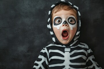 Canvas Print - Cute little halloween boy with toy eyes looking up and open mouth with shocked and delight copy space wearing Halloween costume skeleton on dark background with space for text. with generative ai